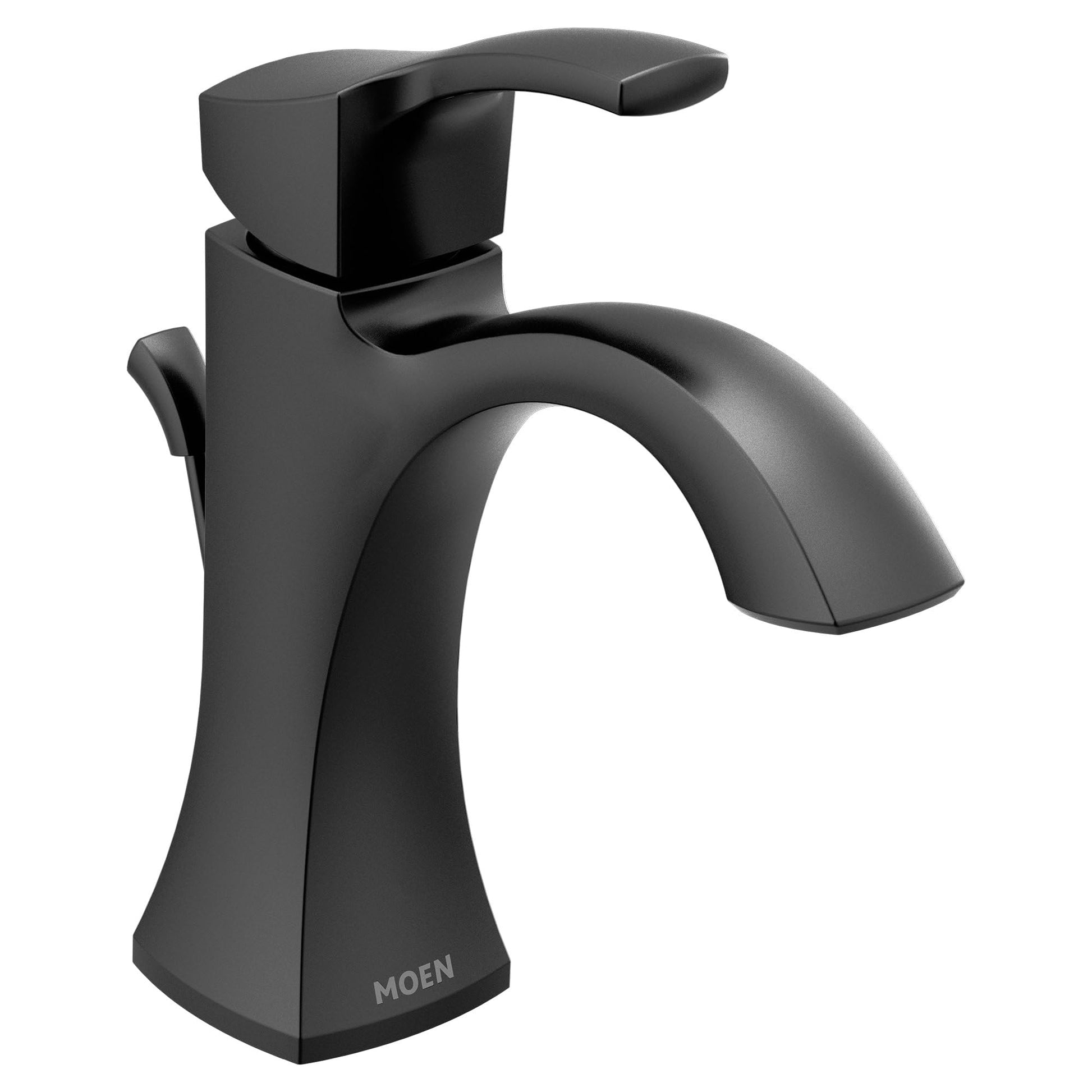 Matte black single-handle bathroom sink faucet with curved spout and rectangular base.