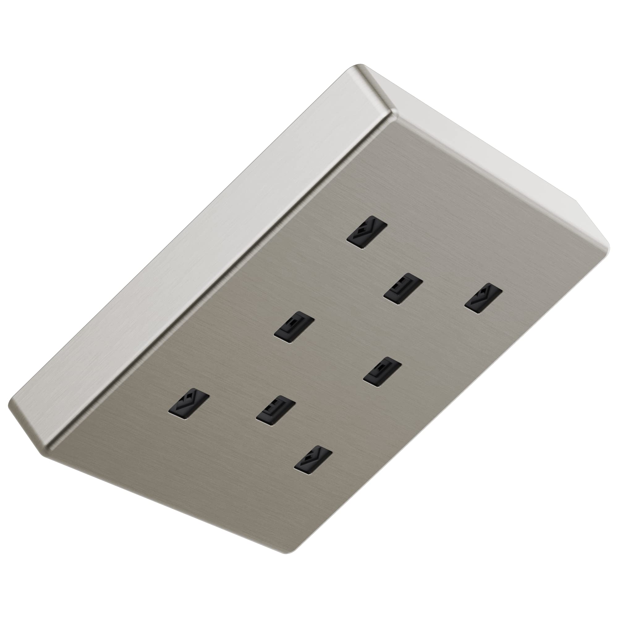 Square metal raincan shower head with brushed nickel finish and multiple small water jets on underside.
