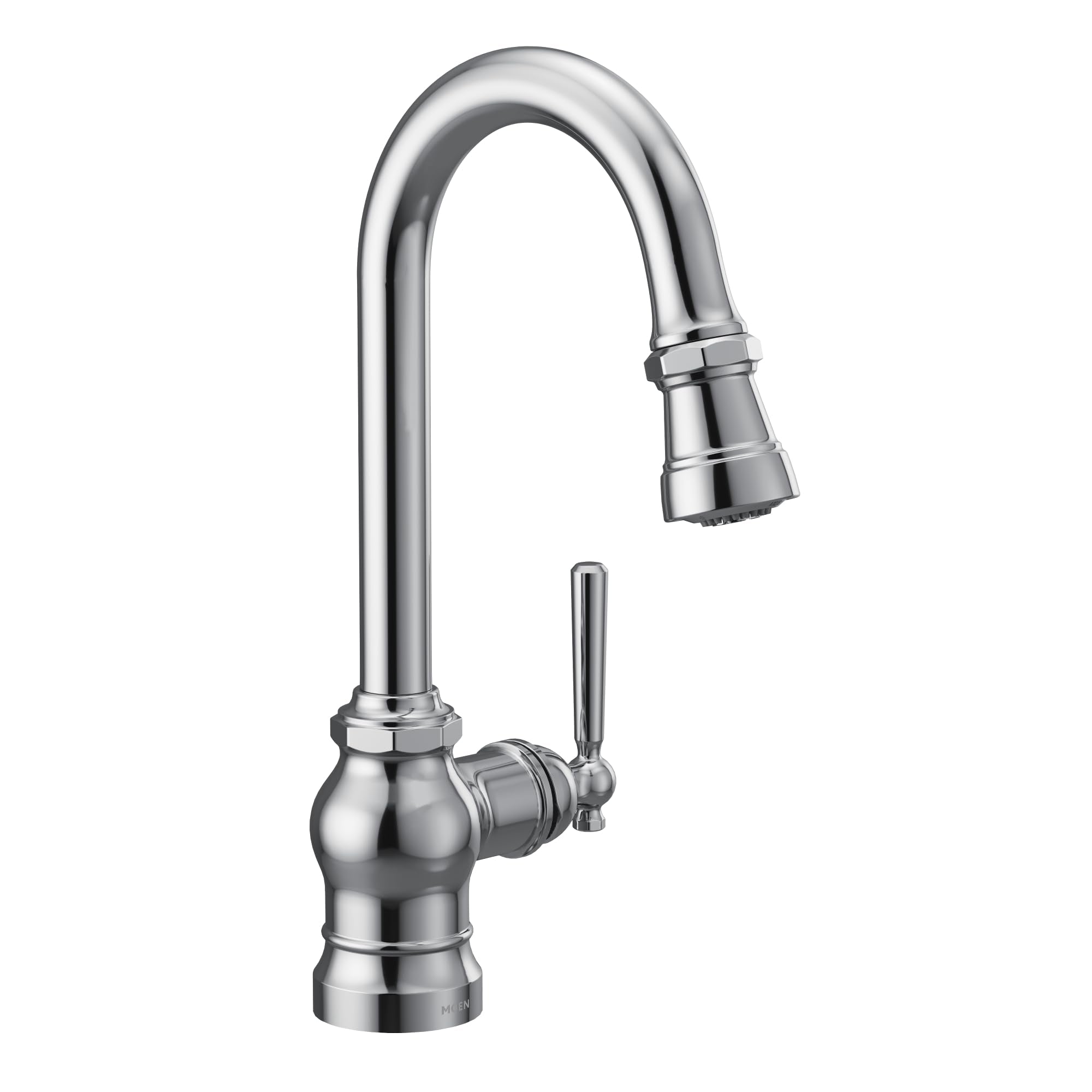 Chrome single-handle pulldown bar faucet with curved spout and lever control.