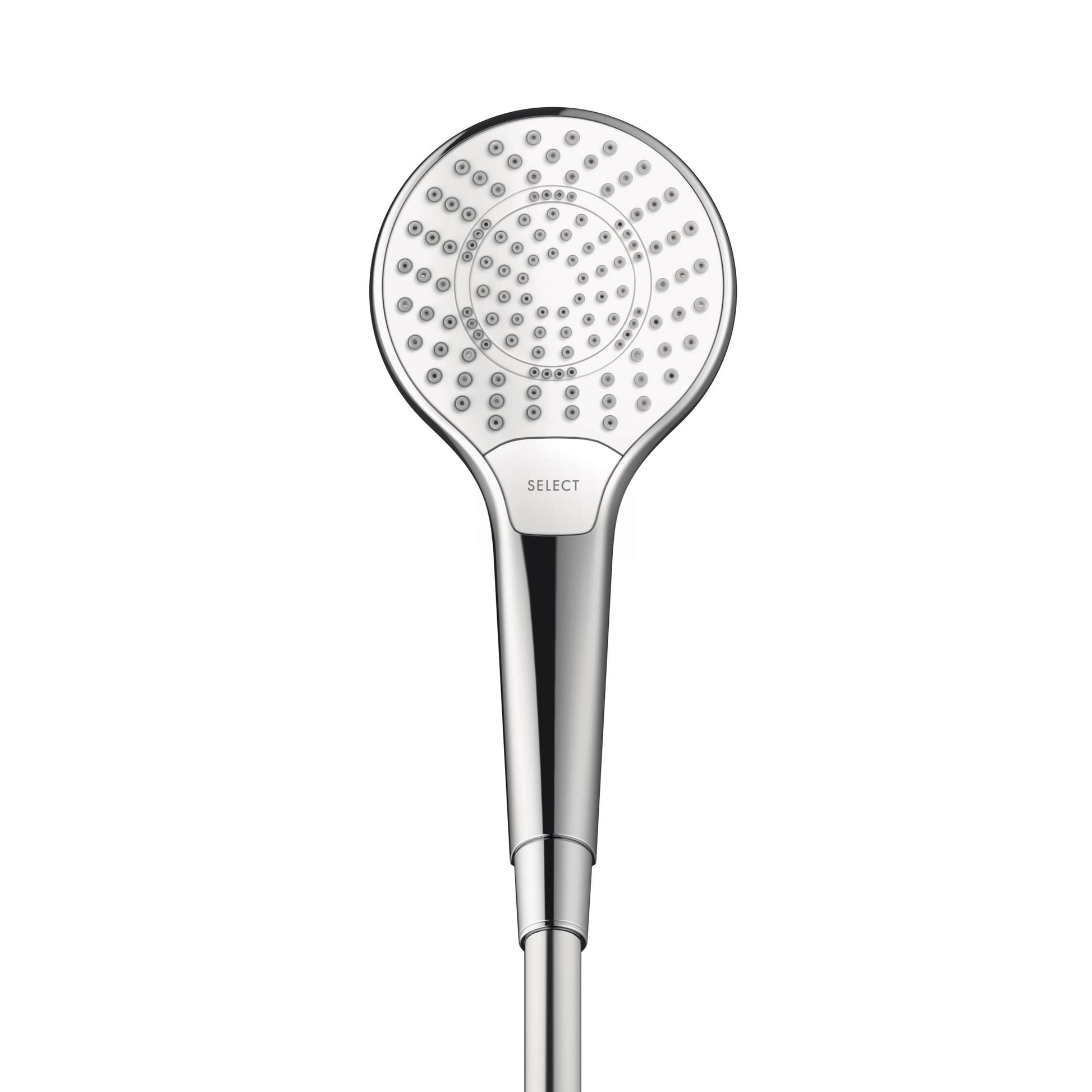 White and chrome handheld showerhead with multiple spray jets and SELECT button on handle.