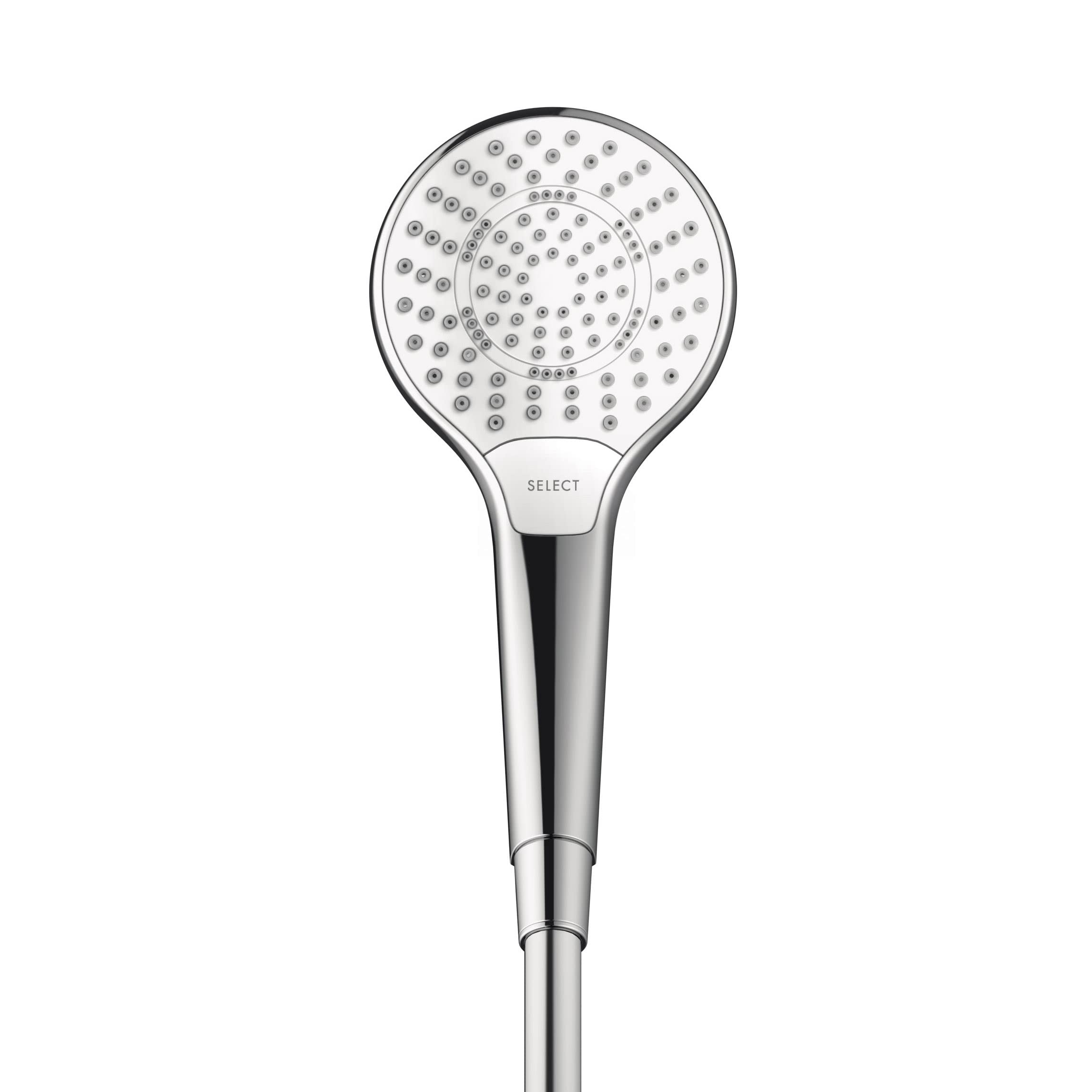 White and chrome handheld showerhead with multiple spray jets and SELECT button on handle.