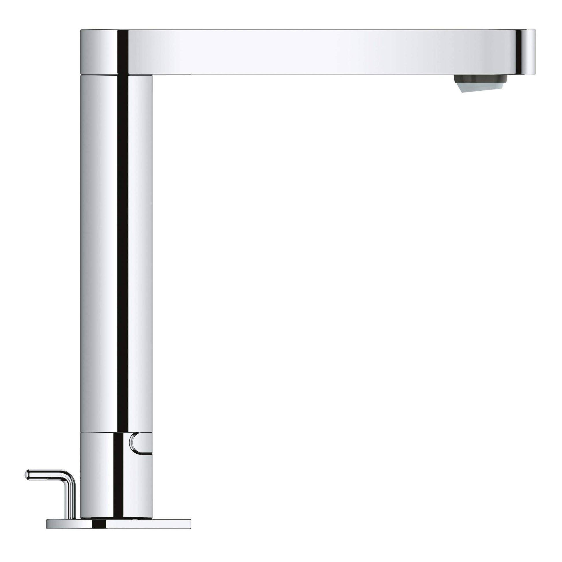 Chrome widespread bathroom faucet with tall vertical spout, two handles, and rectangular base plate.