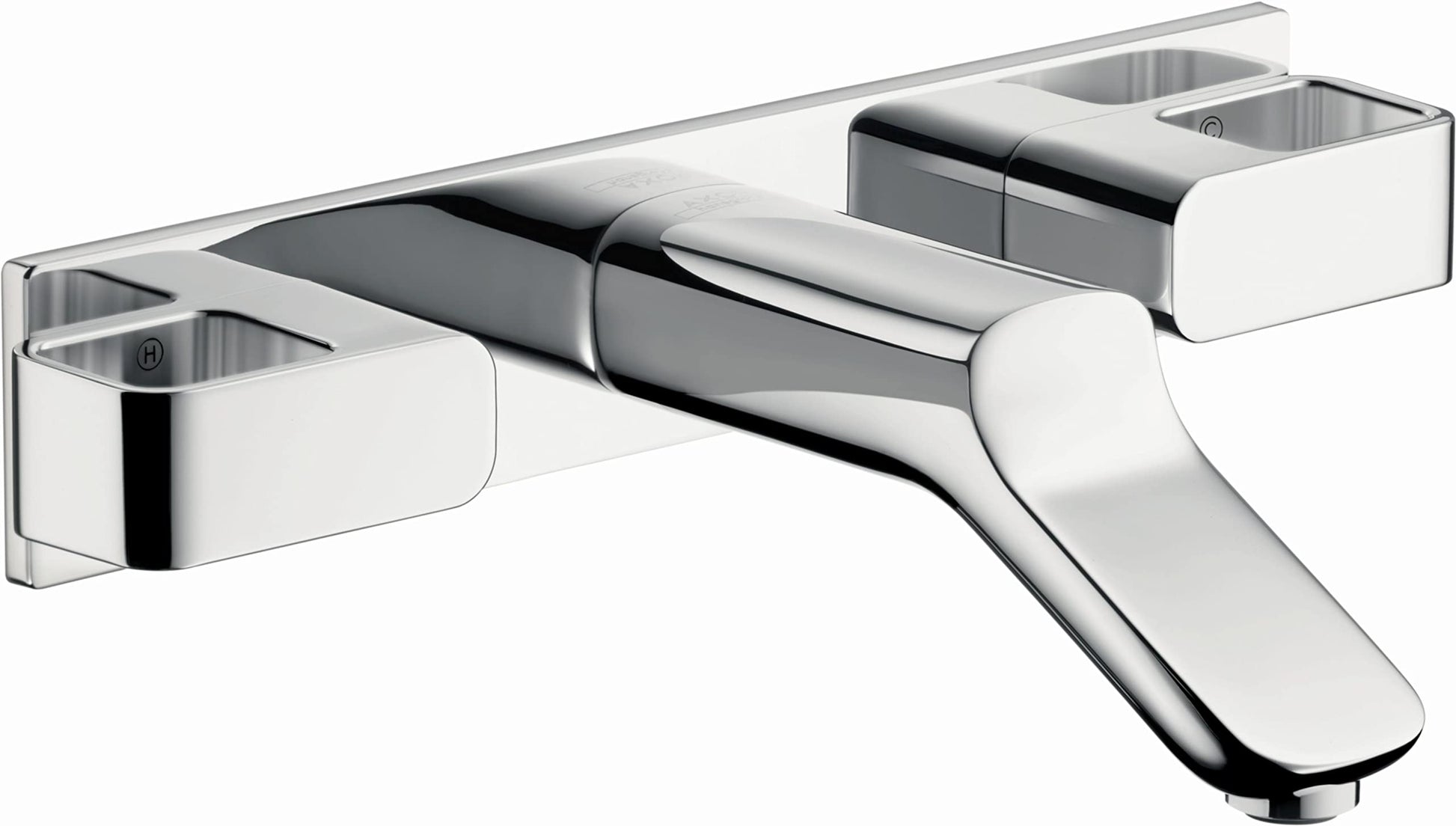 Chrome wall-mounted faucet trim with curved spout and three white rectangular basin-mounted handles.