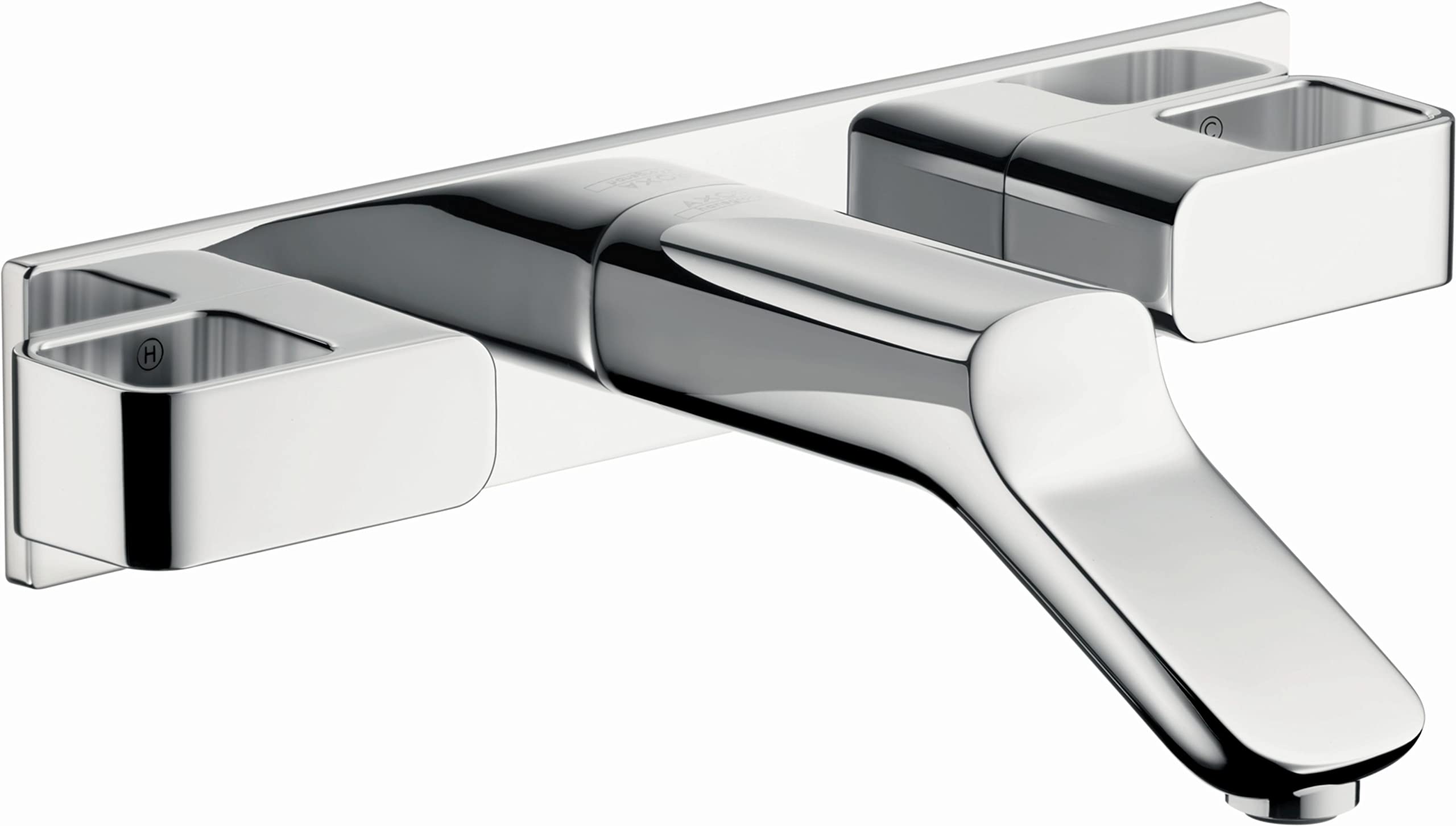 Chrome wall-mounted faucet trim with curved spout and three white rectangular basin-mounted handles.