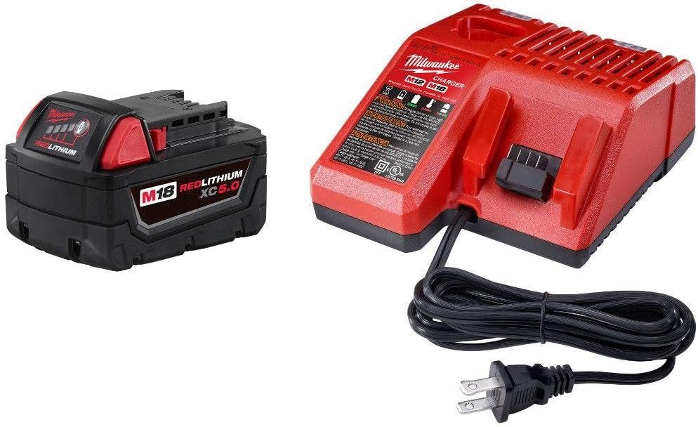 Milwaukee M18 REDLITHIUM XC5.0 battery with charger and power cord included.