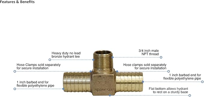 Bronze tee fitting with 1 inch barbed ends and 3/4 inch male NPT connection for hydrant and polyethylene pipe installation.