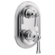 Chrome shower trim with two lever handles and integrated transfer valve on oval escutcheon plate.