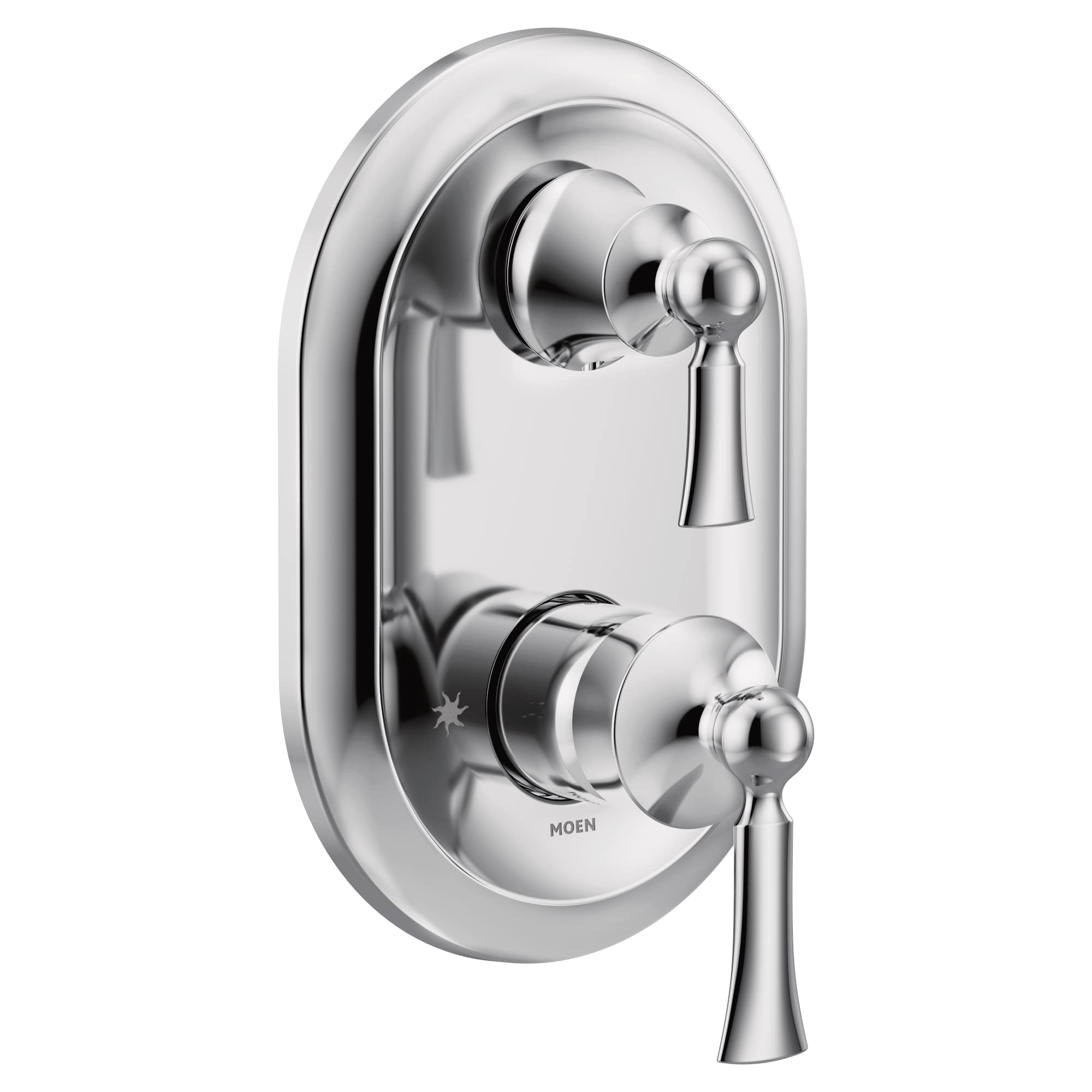Chrome shower trim with two lever handles and integrated transfer valve on oval escutcheon plate.