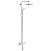 Chrome thermostatic tub/shower system with overhead rain showerhead, handheld shower wand, and vertical pipe rail.