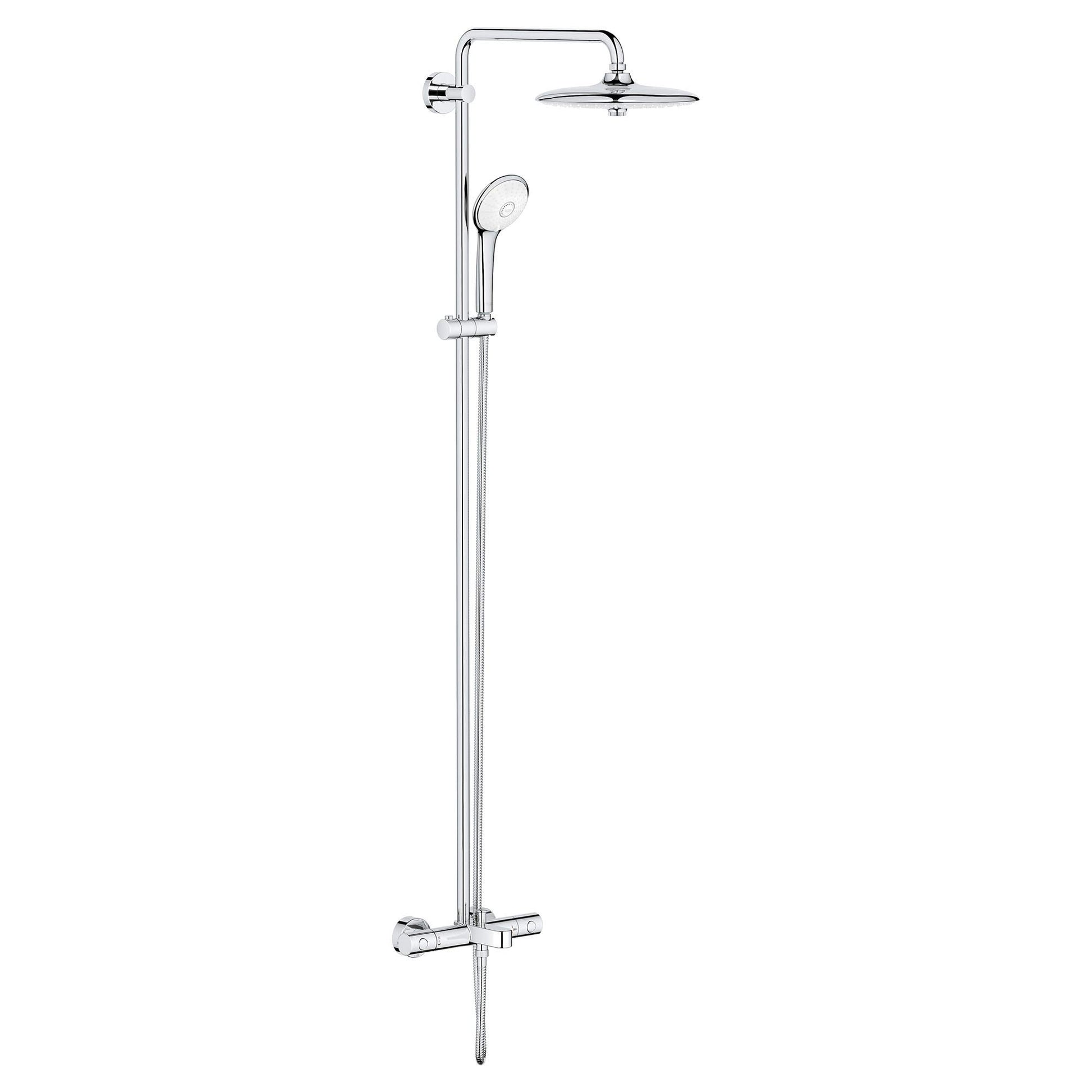 Chrome thermostatic tub/shower system with overhead rain showerhead, handheld shower wand, and vertical pipe rail.