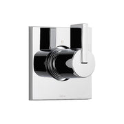 Chrome shower diverter trim with round handle and rectangular escutcheon plate featuring black accents.