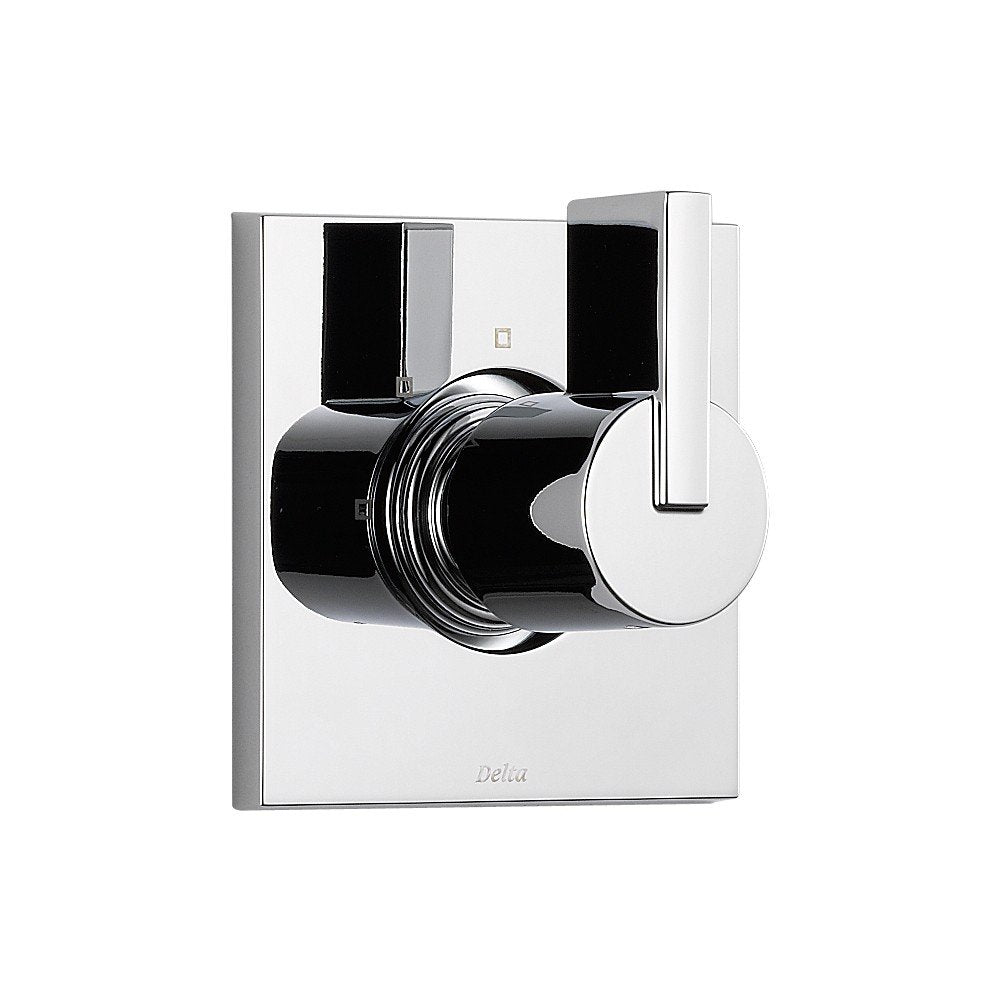 Chrome shower diverter trim with round handle and rectangular escutcheon plate featuring black accents.