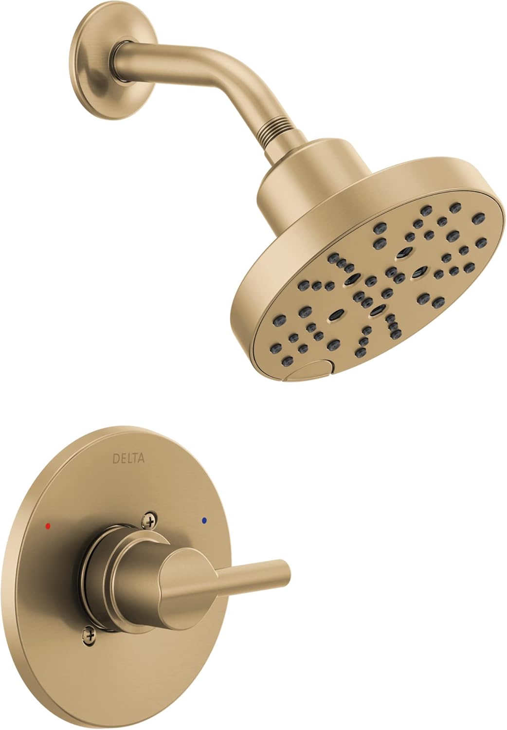 Champagne bronze shower trim with round showerhead, curved arm, and single-lever valve control with temperature indicators.