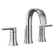 Chrome widespread bathroom faucet with curved center spout and two lever handles on either side.