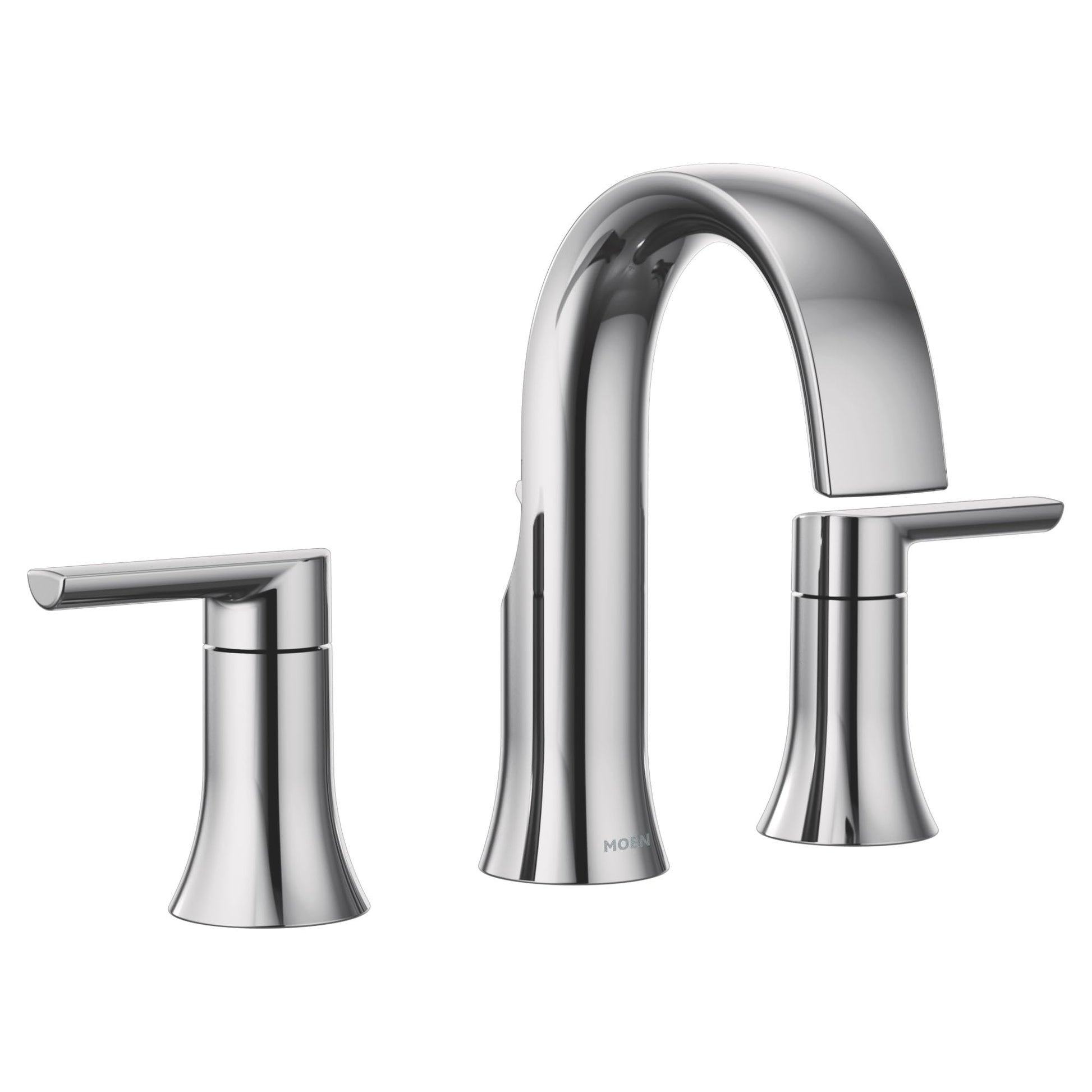 Chrome widespread bathroom faucet with curved center spout and two lever handles on either side.