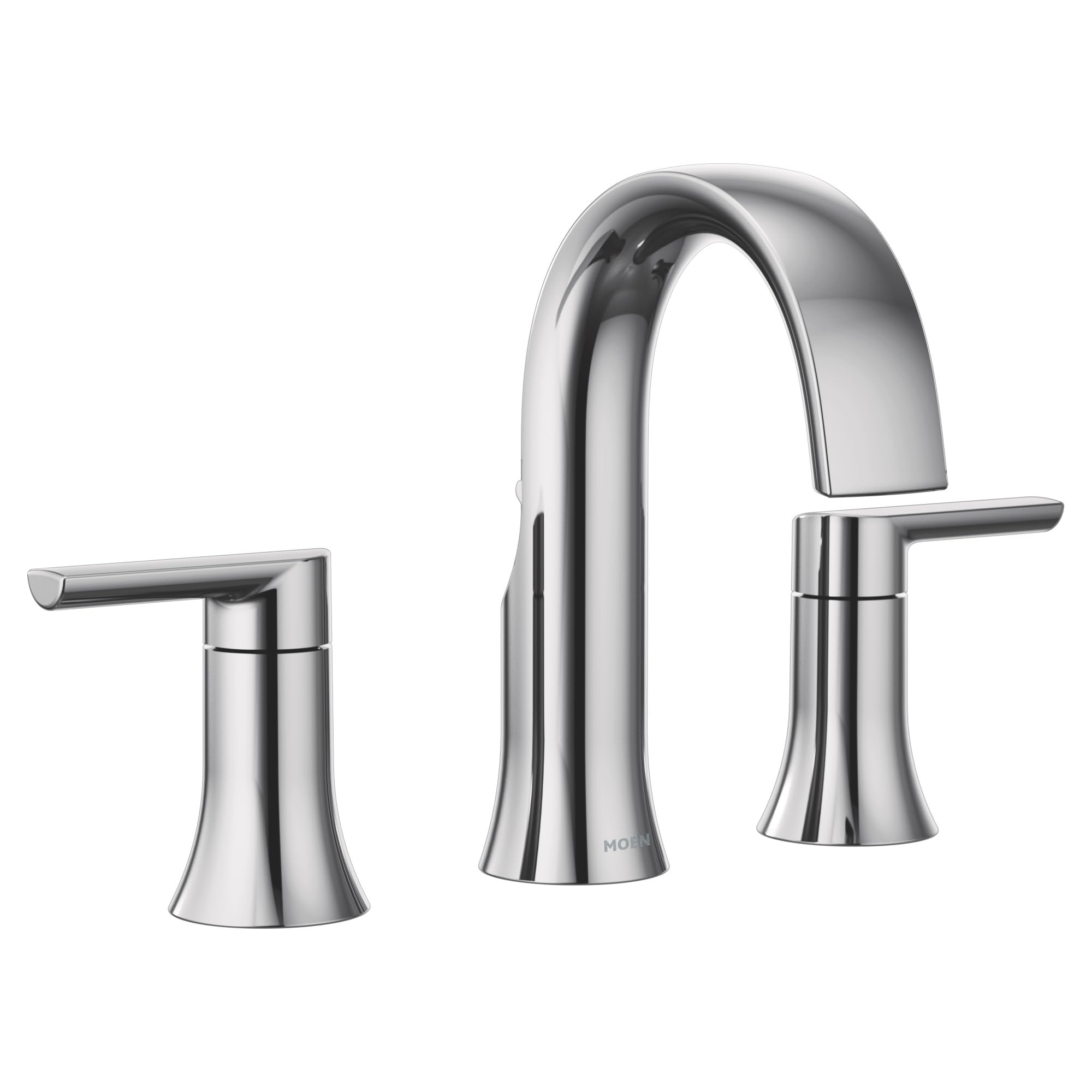 Chrome widespread bathroom faucet with curved center spout and two lever handles on either side.