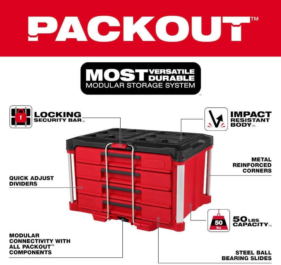 Red and black Milwaukee PACKOUT 4-drawer tool box with locking security bar, metal reinforced corners, and steel ball bearing
