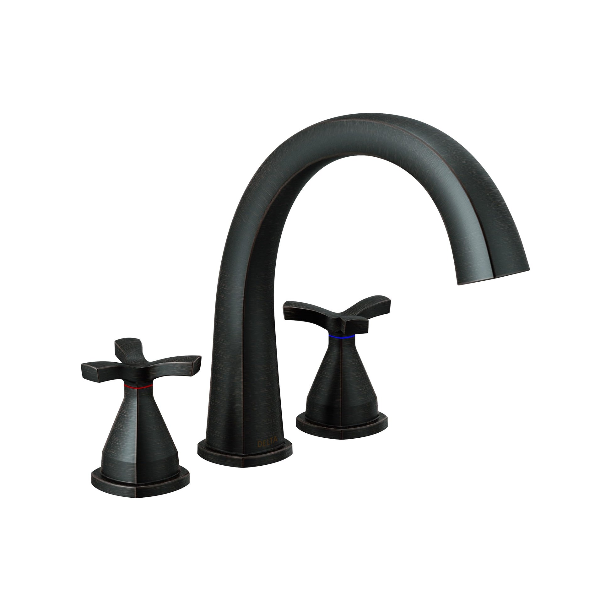 Black arc spout roman tub faucet with two cross handles and circular base.