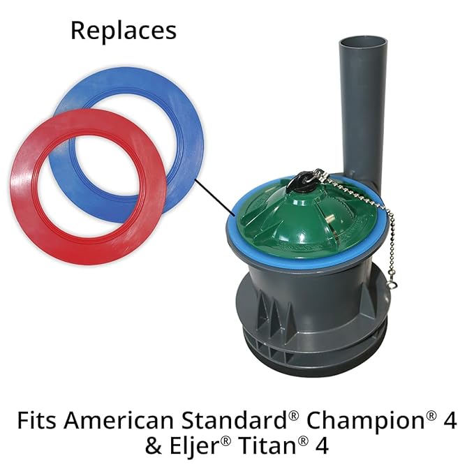 Toilet fill valve replacement kit with green dome valve, gray cylinder, blue rim, and red and blue rubber seals.