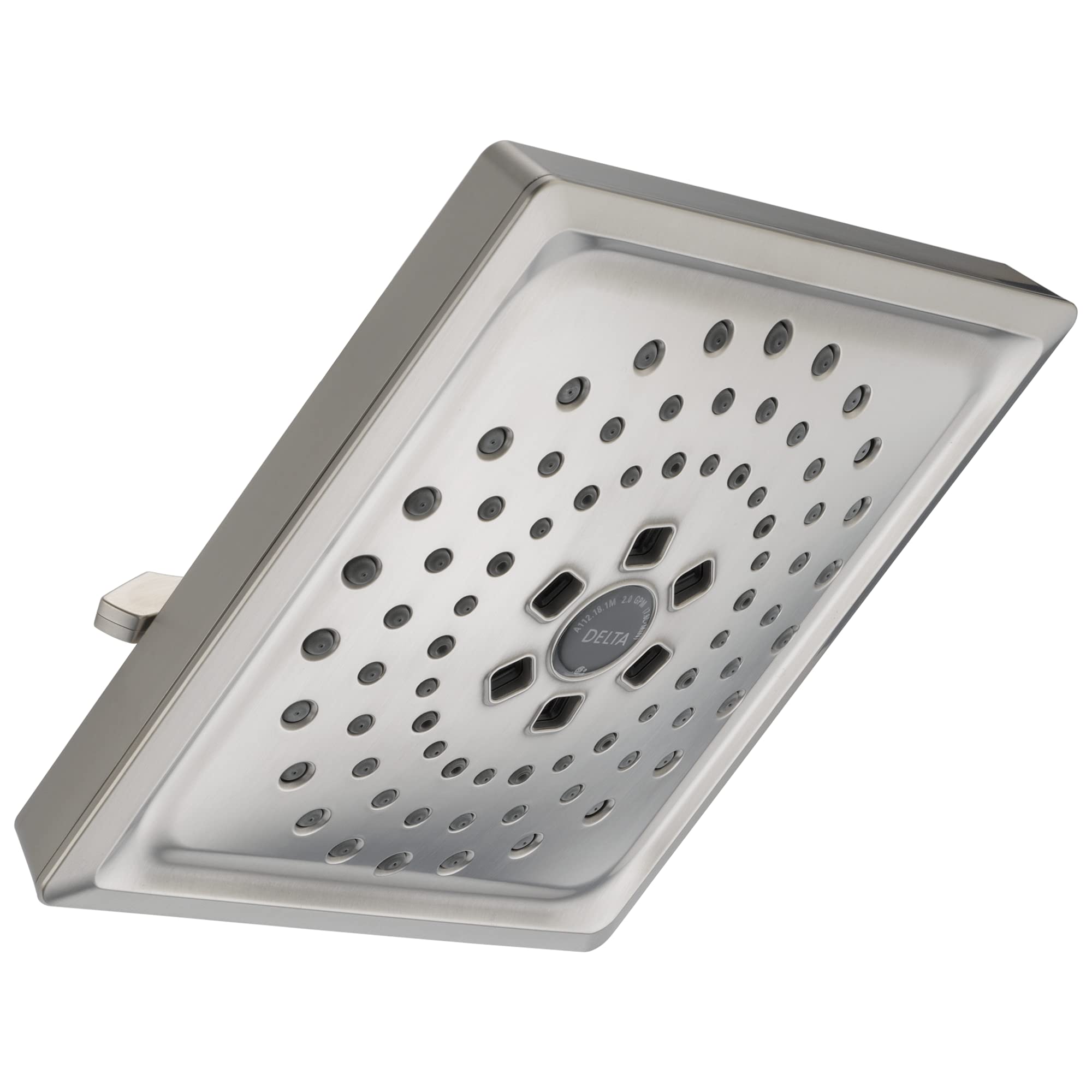 Square chrome shower head with multiple water jets and Delta logo in center, mounted at angle.