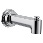 Chrome tub spout with diverter lever and wall-mounted flange connection.
