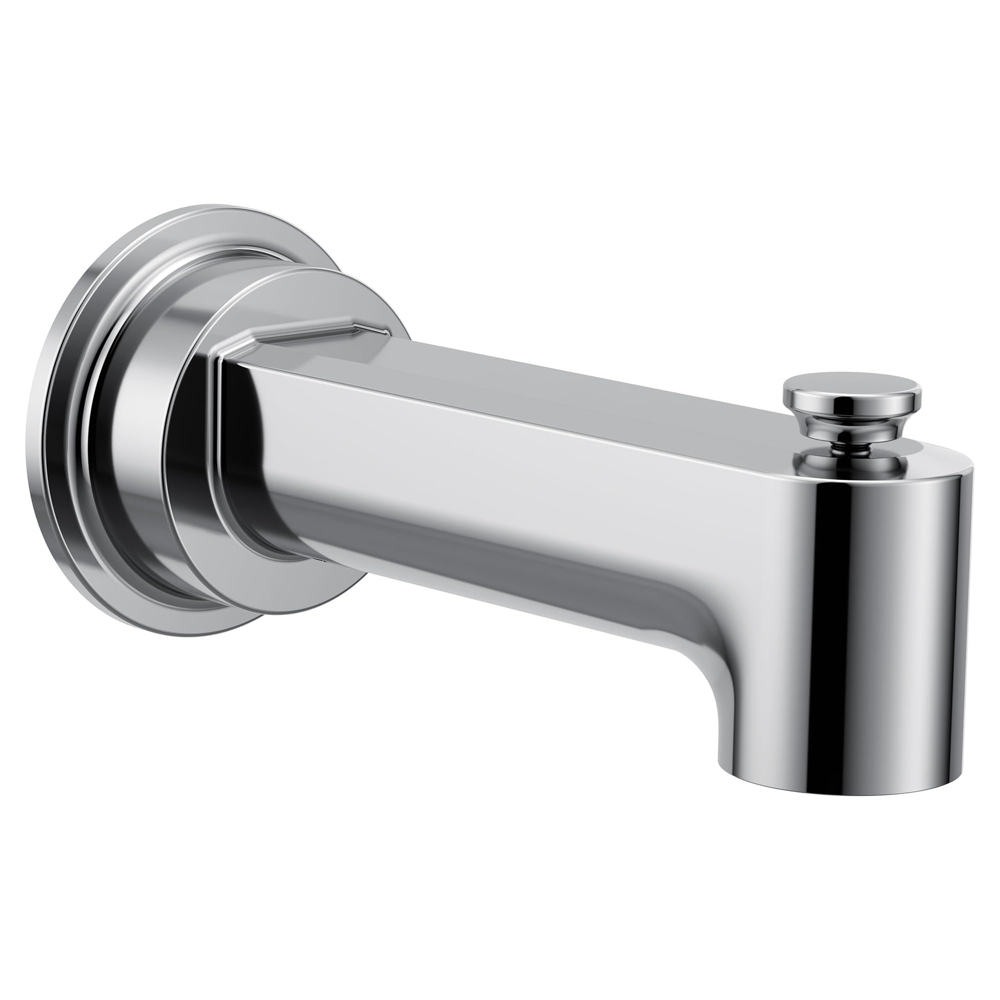 Chrome tub spout with diverter lever and wall-mounted flange connection.