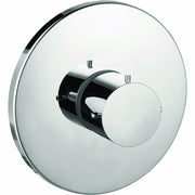 Chrome thermostatic shower trim with circular escutcheon plate and rotary control knob.