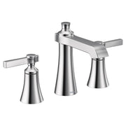 Chrome widespread faucet with two lever handles and tall center spout, featuring tapered conical bases.