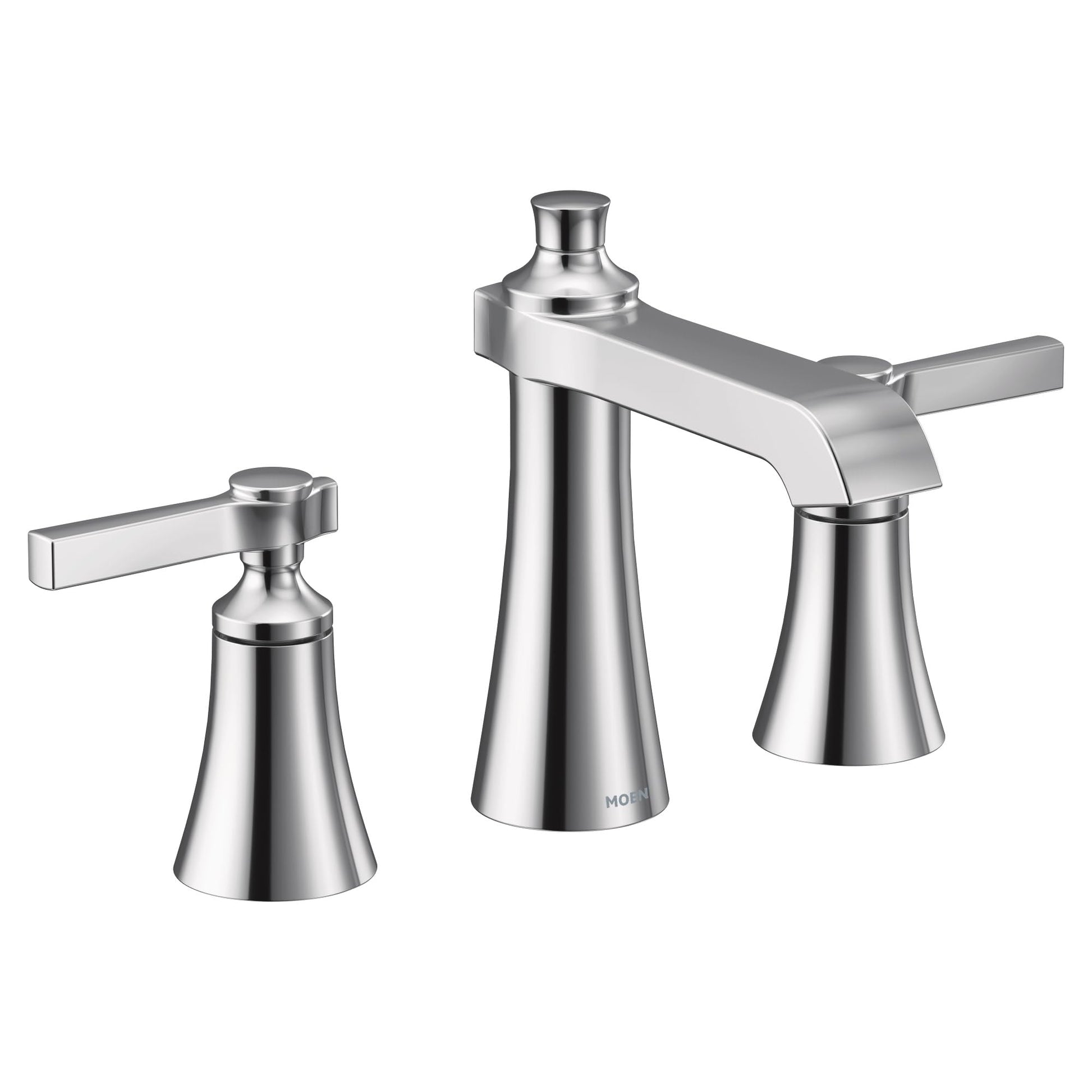 Chrome widespread faucet with two lever handles and tall center spout, featuring tapered conical bases.