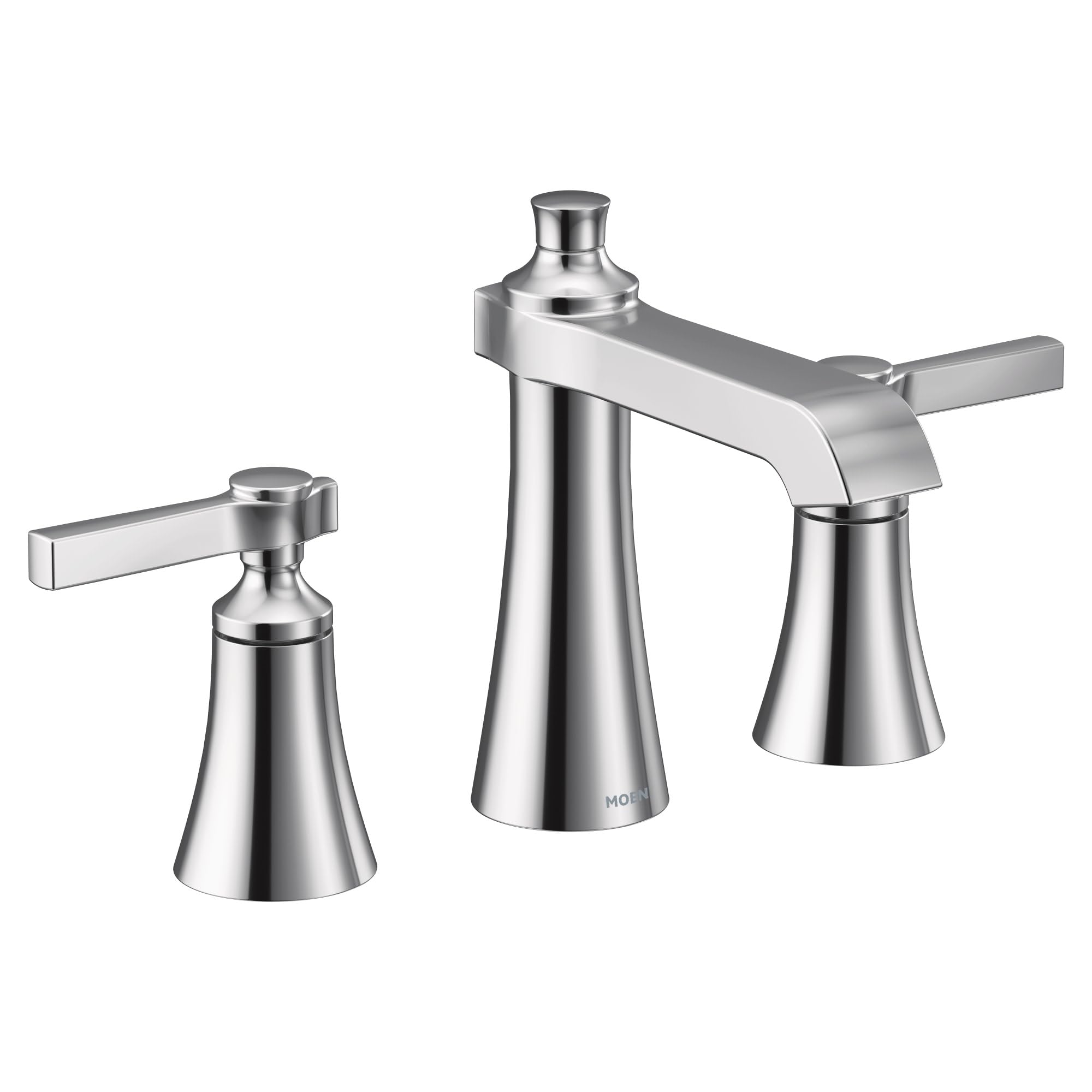 Chrome widespread faucet with two lever handles and tall center spout, featuring tapered conical bases.