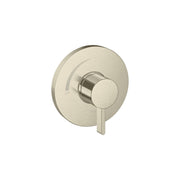 Brushed nickel pressure balance shower trim with circular escutcheon plate and single lever handle.