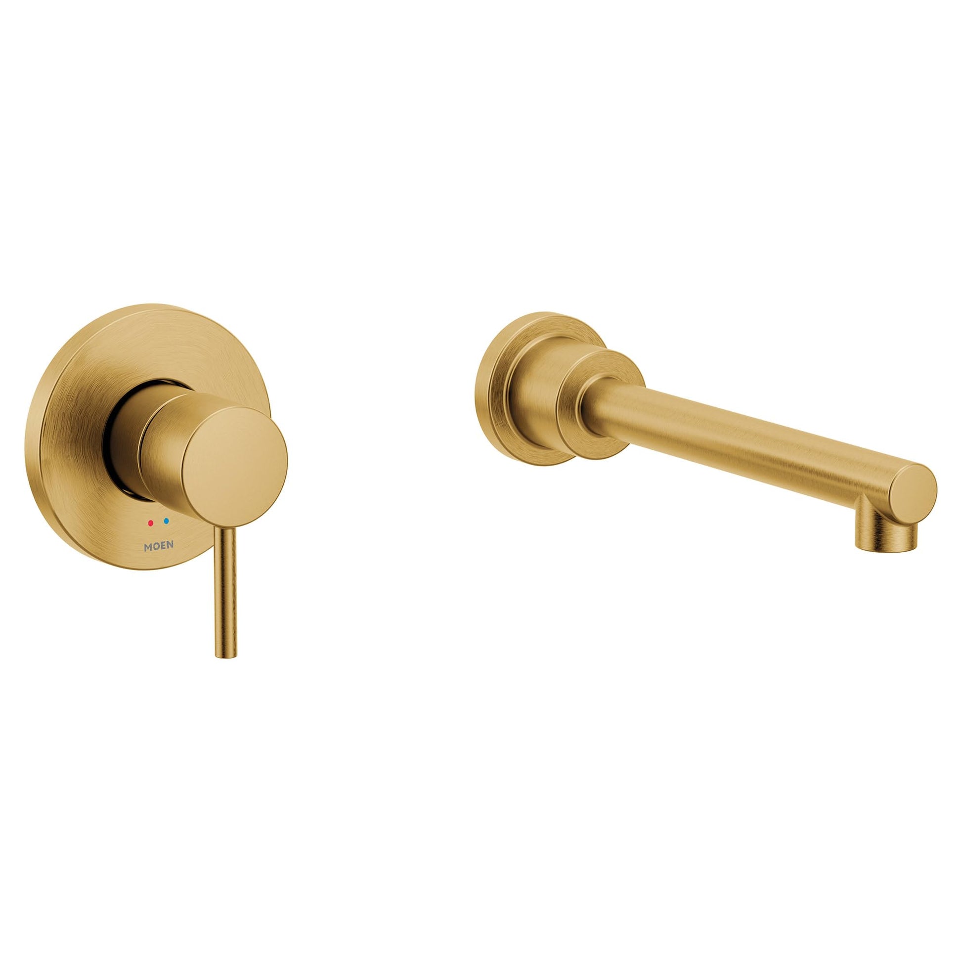 Brushed gold wall-mount tub faucet with single lever handle and extended spout.