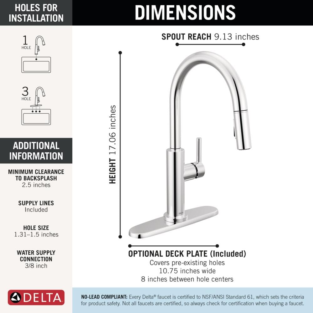 Chrome single handle pull-down kitchen faucet with 9.13-inch spout reach and 17.06-inch height, includes deck plate.