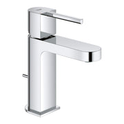 Chrome single-hole bathroom faucet with square body, single lever handle, and curved spout.