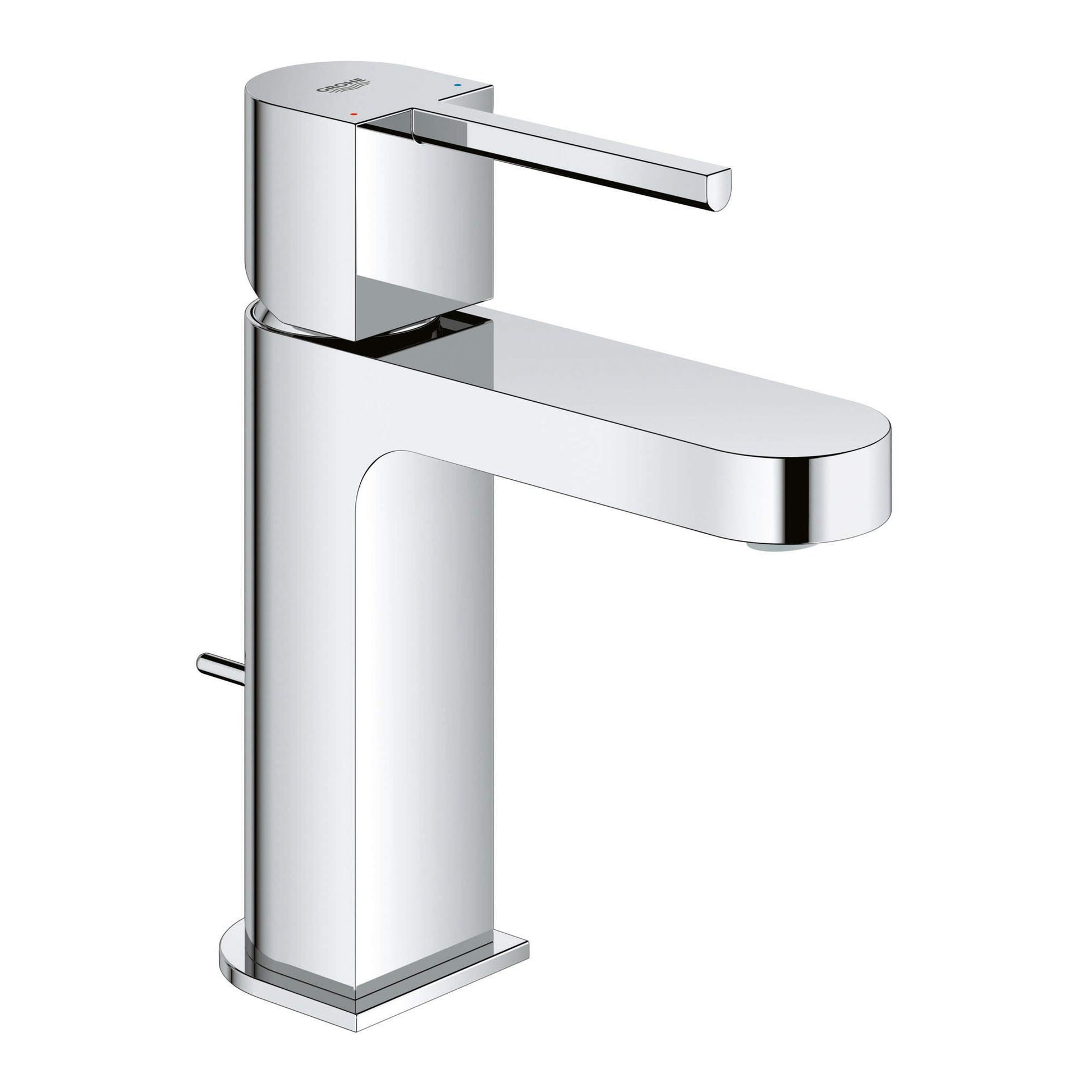 Chrome single-hole bathroom faucet with square body, single lever handle, and curved spout.