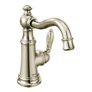 Polished nickel single-handle bathroom sink faucet with curved spout and traditional ball-shaped knob on cylindrical base.