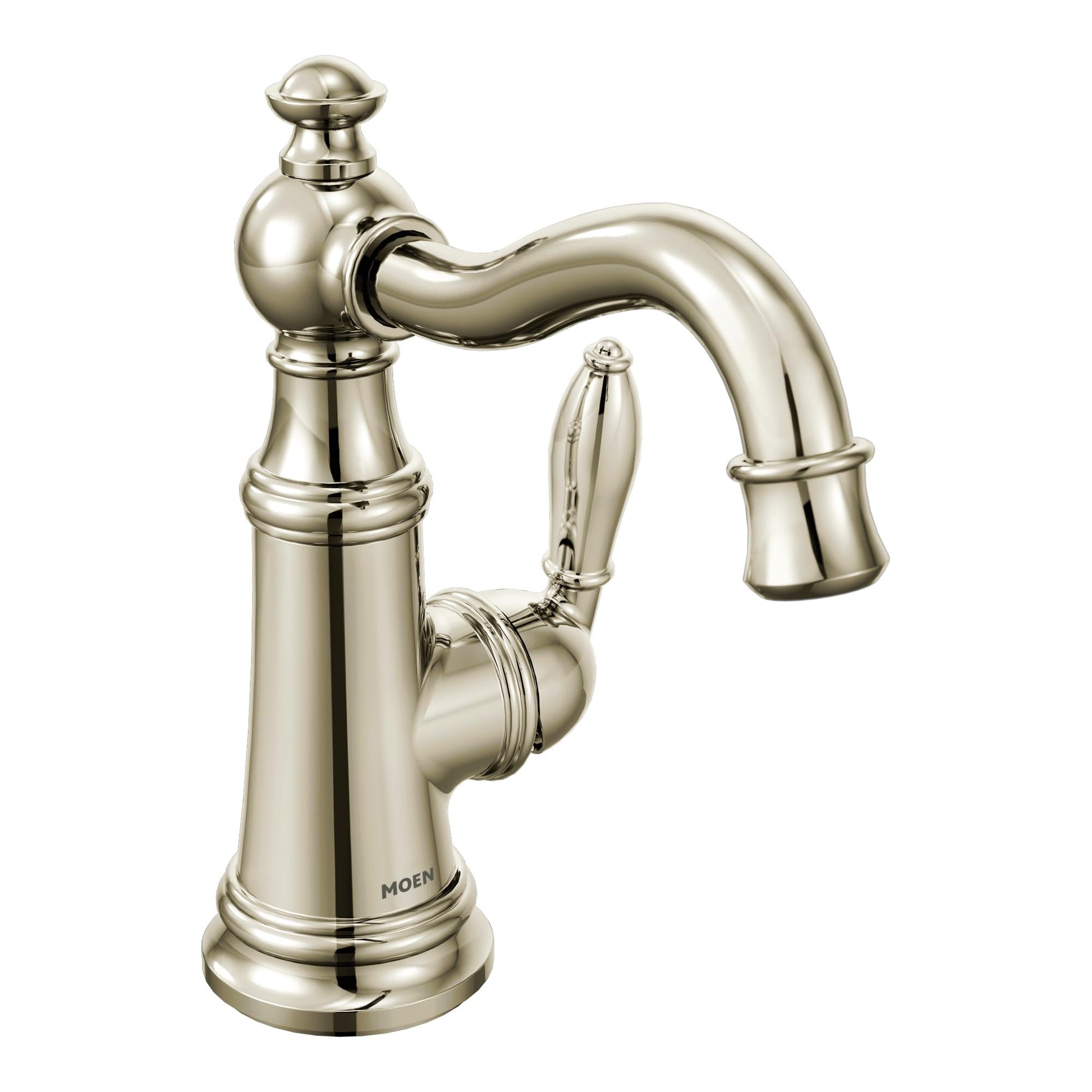 Polished nickel single-handle bathroom sink faucet with curved spout and traditional ball-shaped knob on cylindrical base.