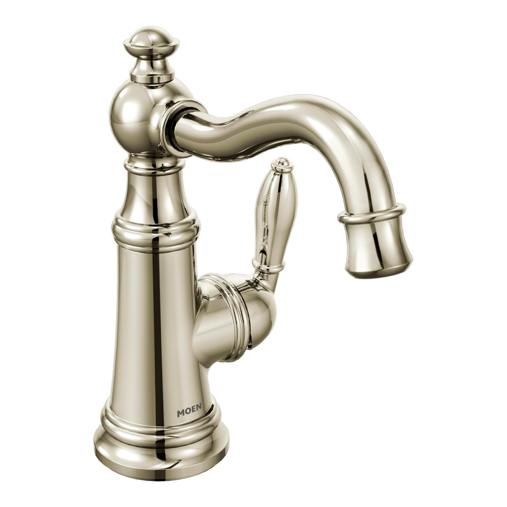 Polished nickel single-handle bathroom sink faucet with curved spout and traditional ball-shaped knob on cylindrical base.