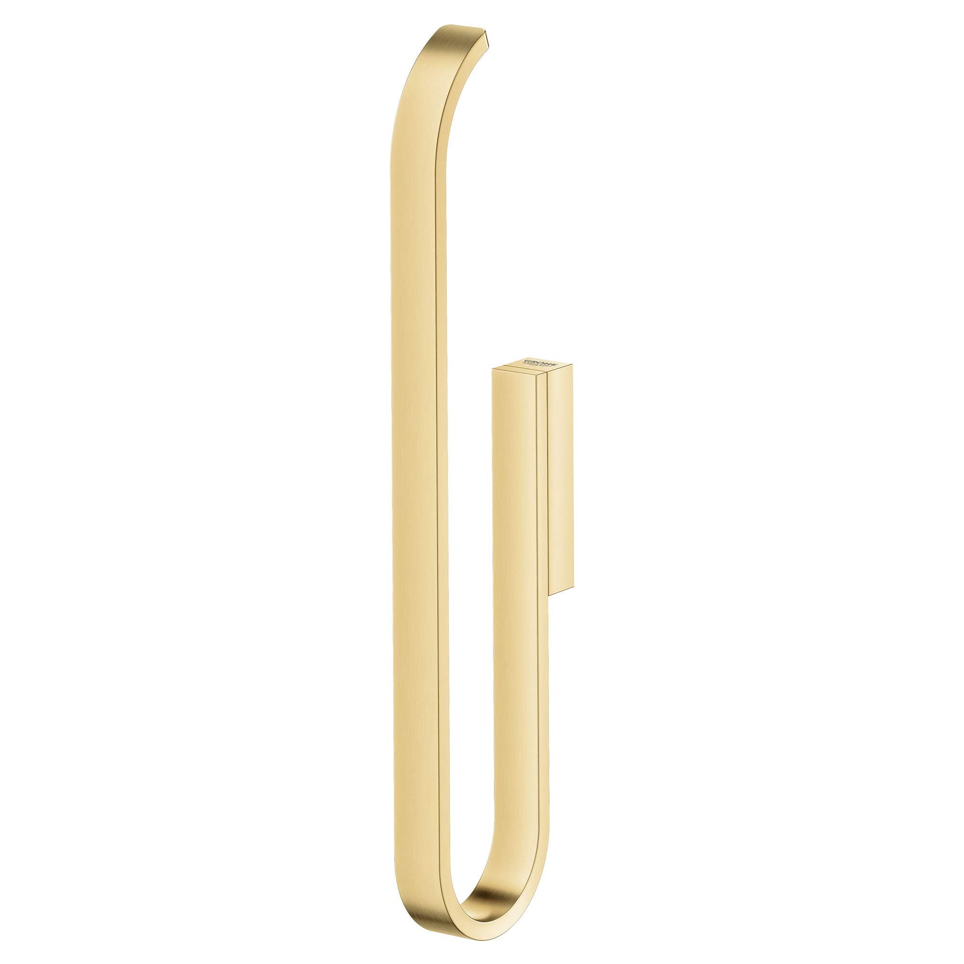 Brushed gold curved paper holder with elongated loop design and rectangular mounting plate.