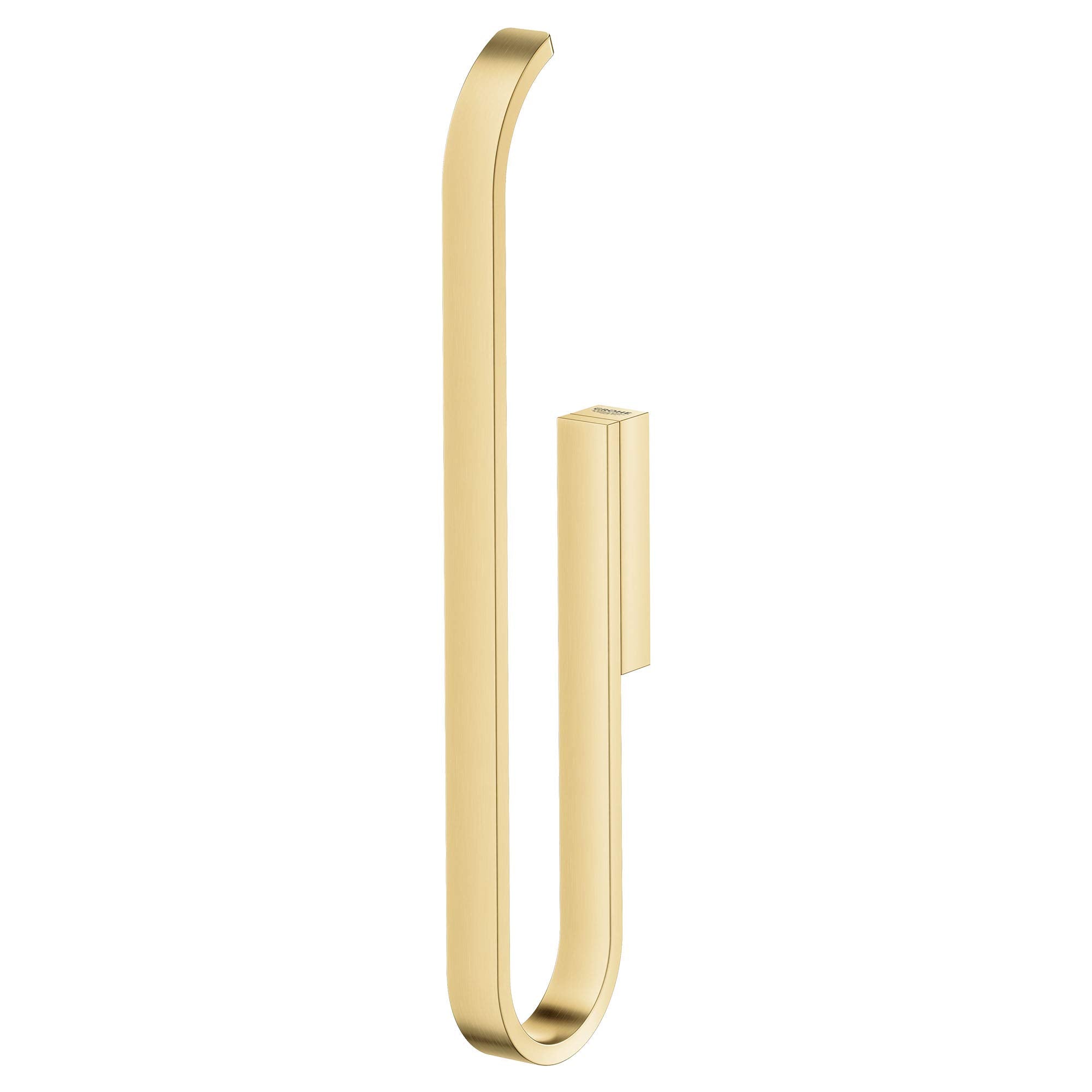 Brushed gold curved paper holder with elongated loop design and rectangular mounting plate.