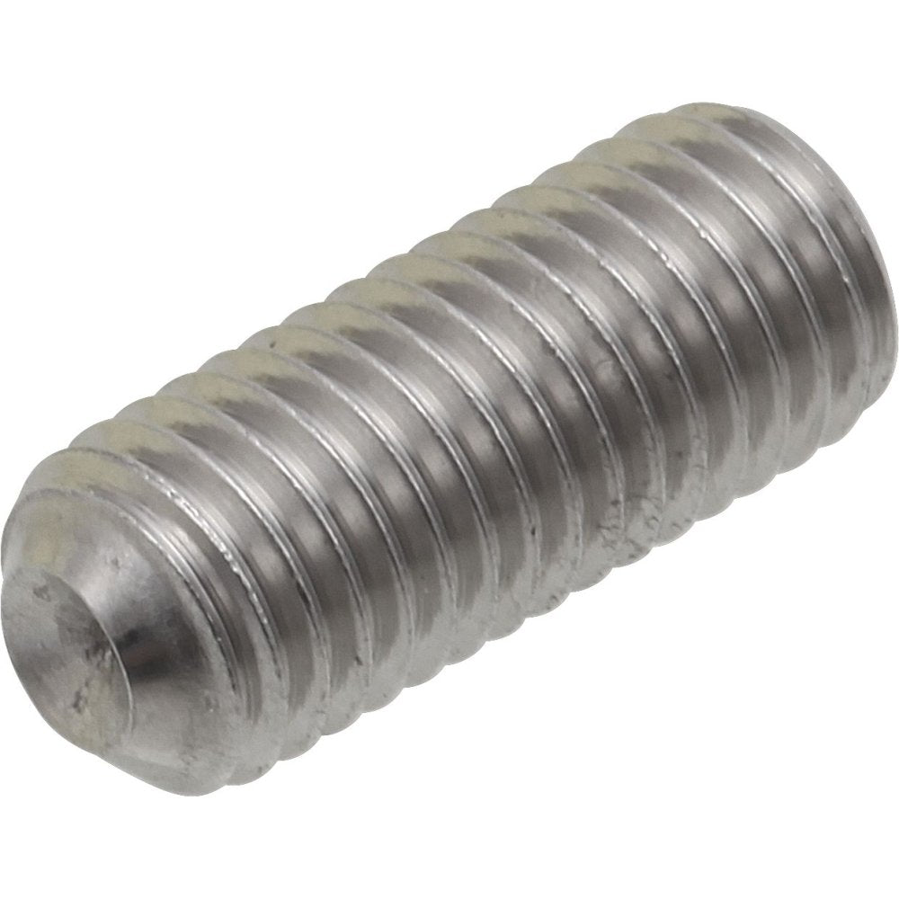 Metal set screw with internal hex socket and threaded shaft.