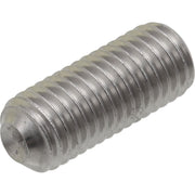 Metal set screw with internal hex socket and threaded shaft.