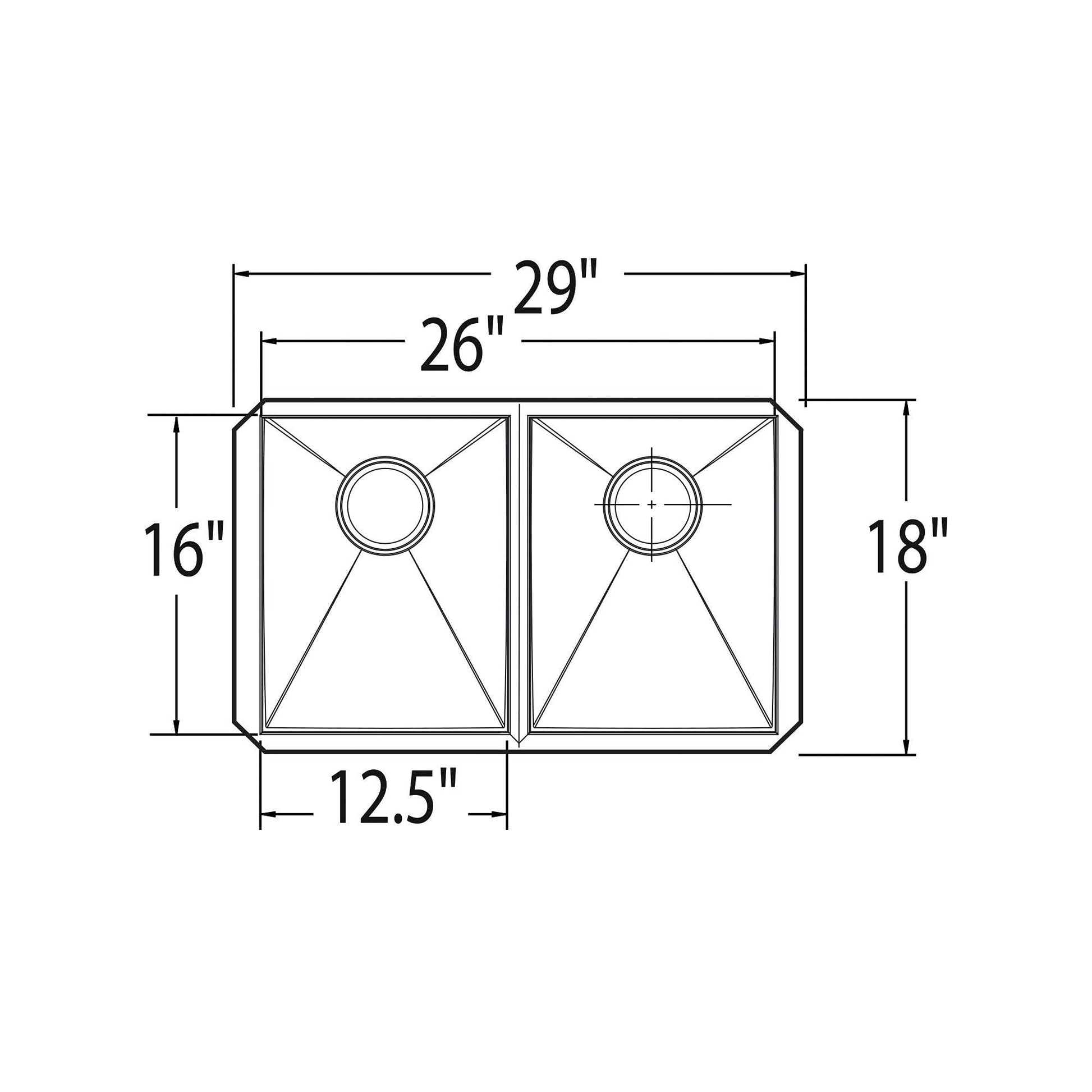 Top-down schematic view of a stainless steel double bowl kitchen sink with dimensions labeled: 29" x 18" overall, two 12.5" b