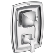 Chrome shower valve trim kit with single lever handle and three-function diverter, featuring angular geometric design and tem