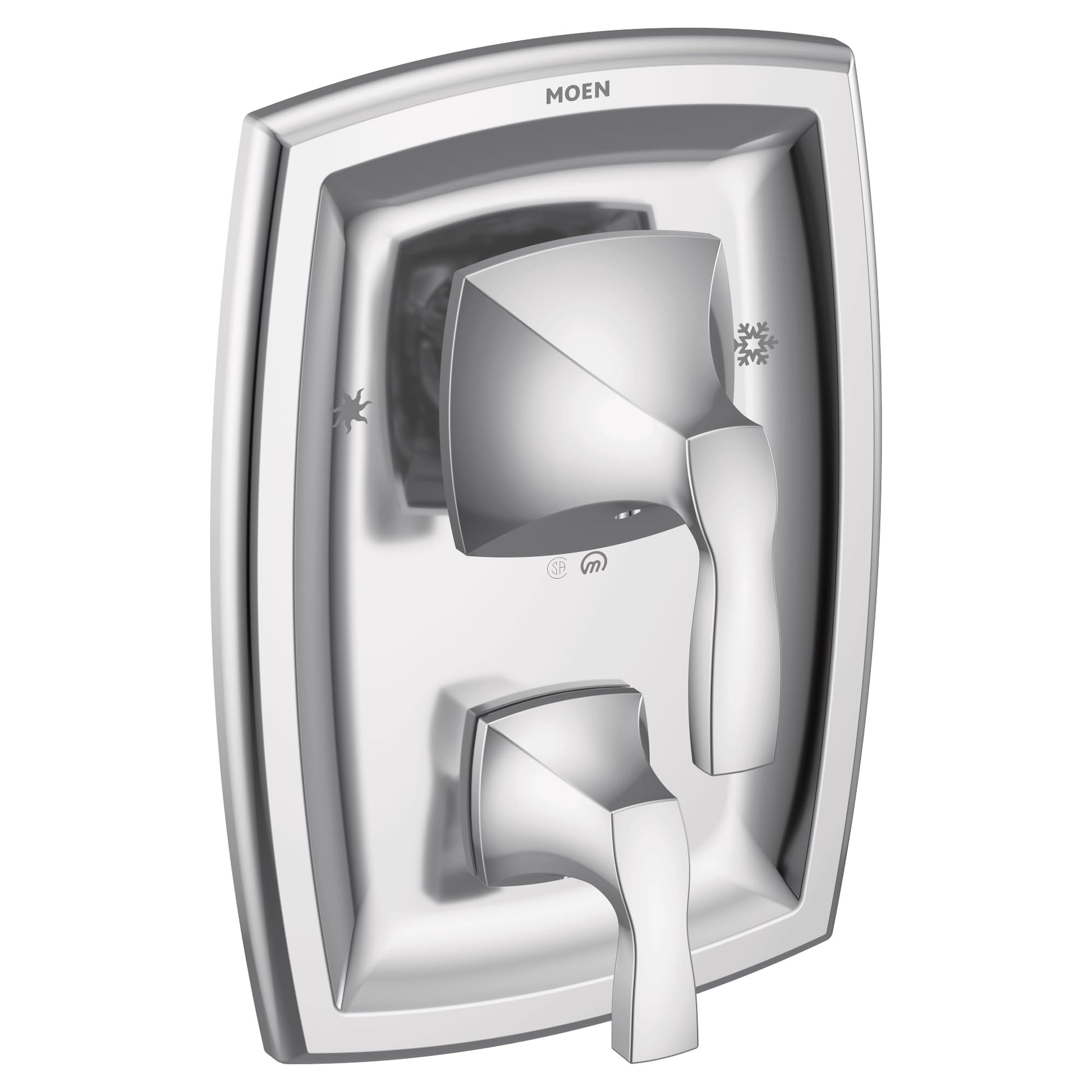 Chrome shower valve trim kit with single lever handle and three-function diverter, featuring angular geometric design and tem