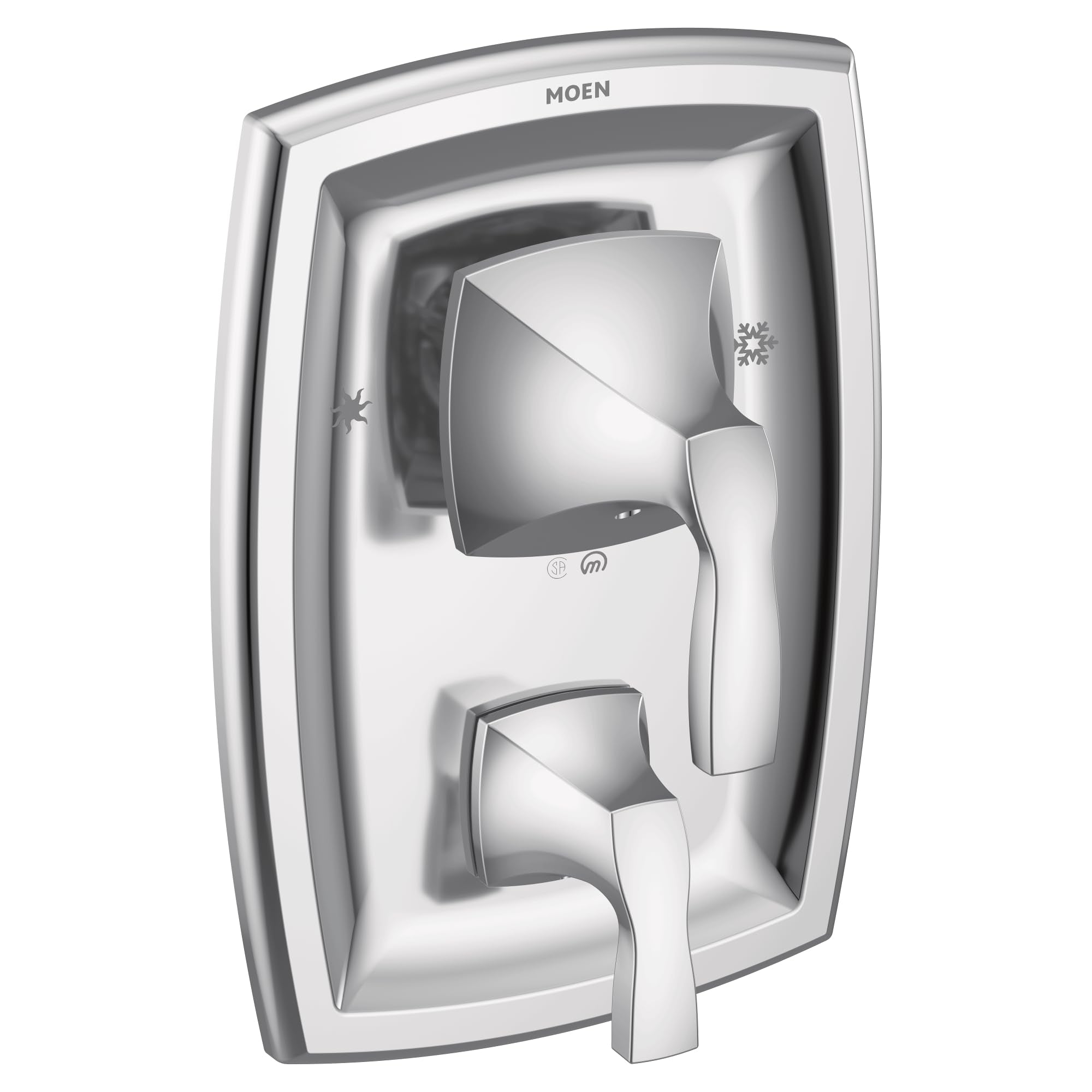 Chrome shower valve trim kit with single lever handle and three-function diverter, featuring angular geometric design and tem