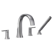 Chrome roman tub faucet with high arc spout, two handles, and detachable handheld showerhead.