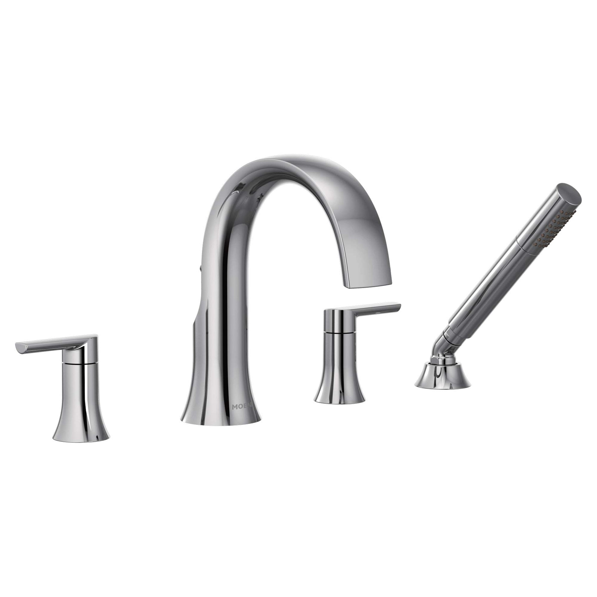 Chrome roman tub faucet with high arc spout, two handles, and detachable handheld showerhead.