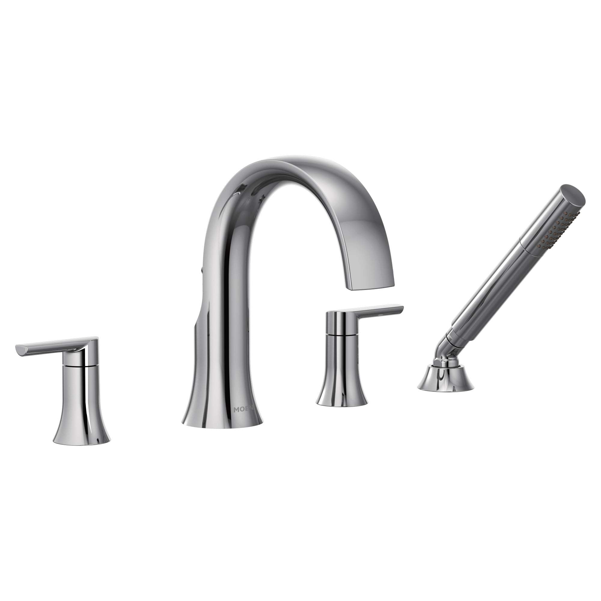 Chrome roman tub faucet with high arc spout, two handles, and detachable handheld showerhead.