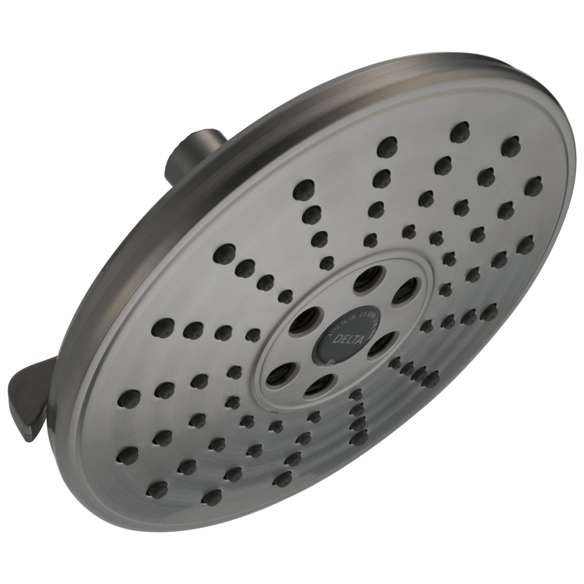 Round brushed nickel shower head with multiple spray holes and center control dial.